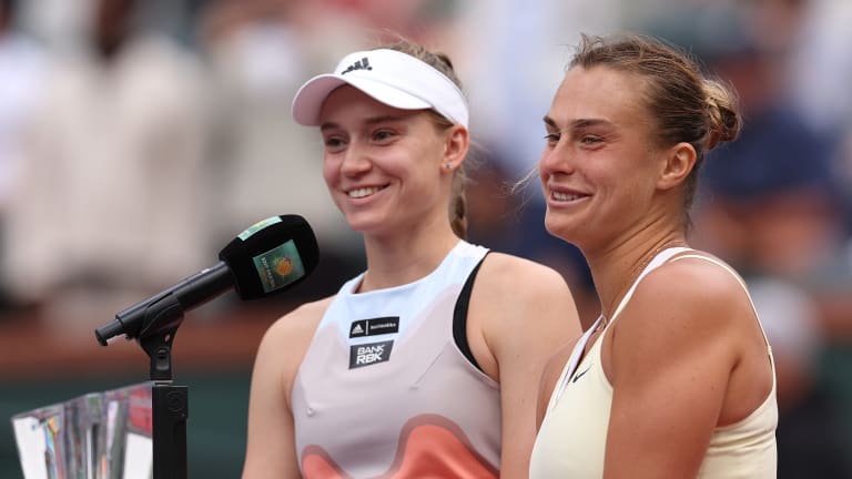 The rivalry between Iga Swiatek (not pictured), Aryna Sabalenka (right) and Elena Rybakina has been the story on the women’s tour in 2023.